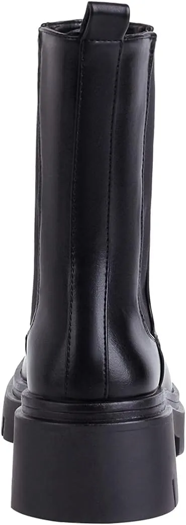 vivianly Women's Chunky Platform Chelsea Boots Mid Calf Boots Square Toe Pull-on Ankle Booties