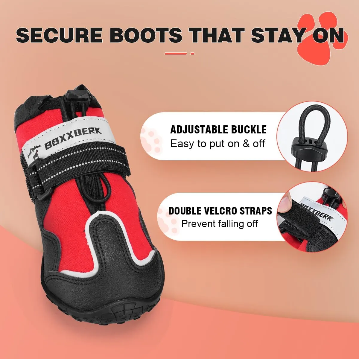 Waterproof Dog Boots - Anti-Slip Dog Booties for Winter with Adjustable Buckle, Paw Protector with Reflective Strap for Outdoor Hiking (Red, 2.95")
