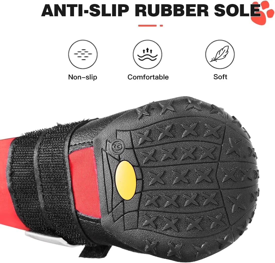 Waterproof Dog Boots - Anti-Slip Dog Booties for Winter with Adjustable Buckle, Paw Protector with Reflective Strap for Outdoor Hiking (Red, 2.95")