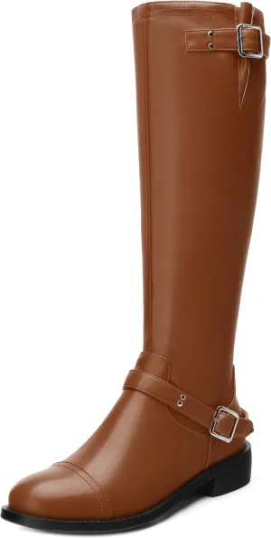 WAYDERNS Knee High Boots for Women Low Heel Round Toe 1 Inch Tall Boots Zipper Comfortable Riding Party Fall Winter Boots