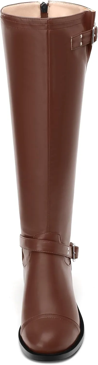 WAYDERNS Knee High Boots for Women Low Heel Round Toe 1 Inch Tall Boots Zipper Comfortable Riding Party Fall Winter Boots