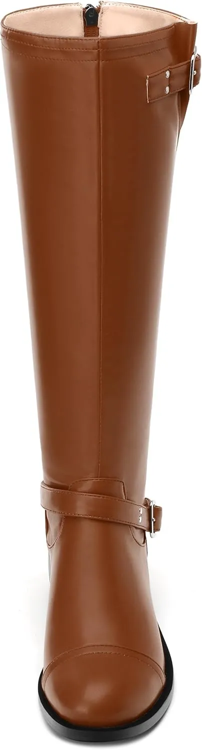 WAYDERNS Knee High Boots for Women Low Heel Round Toe 1 Inch Tall Boots Zipper Comfortable Riding Party Fall Winter Boots
