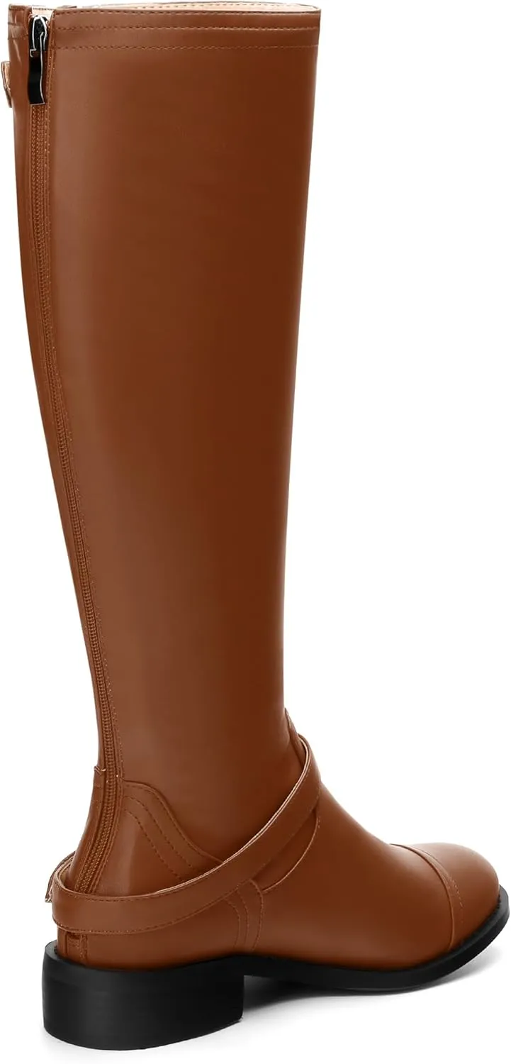 WAYDERNS Knee High Boots for Women Low Heel Round Toe 1 Inch Tall Boots Zipper Comfortable Riding Party Fall Winter Boots