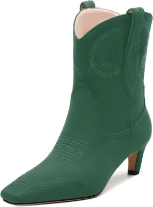 WAYDERNS Women's Cowboy Ankle Boots Western Low Kitten Heel Square Toe 2 Inch Short Booties Comfortable Casual Prom Party Pull on Fall Winter Shoes