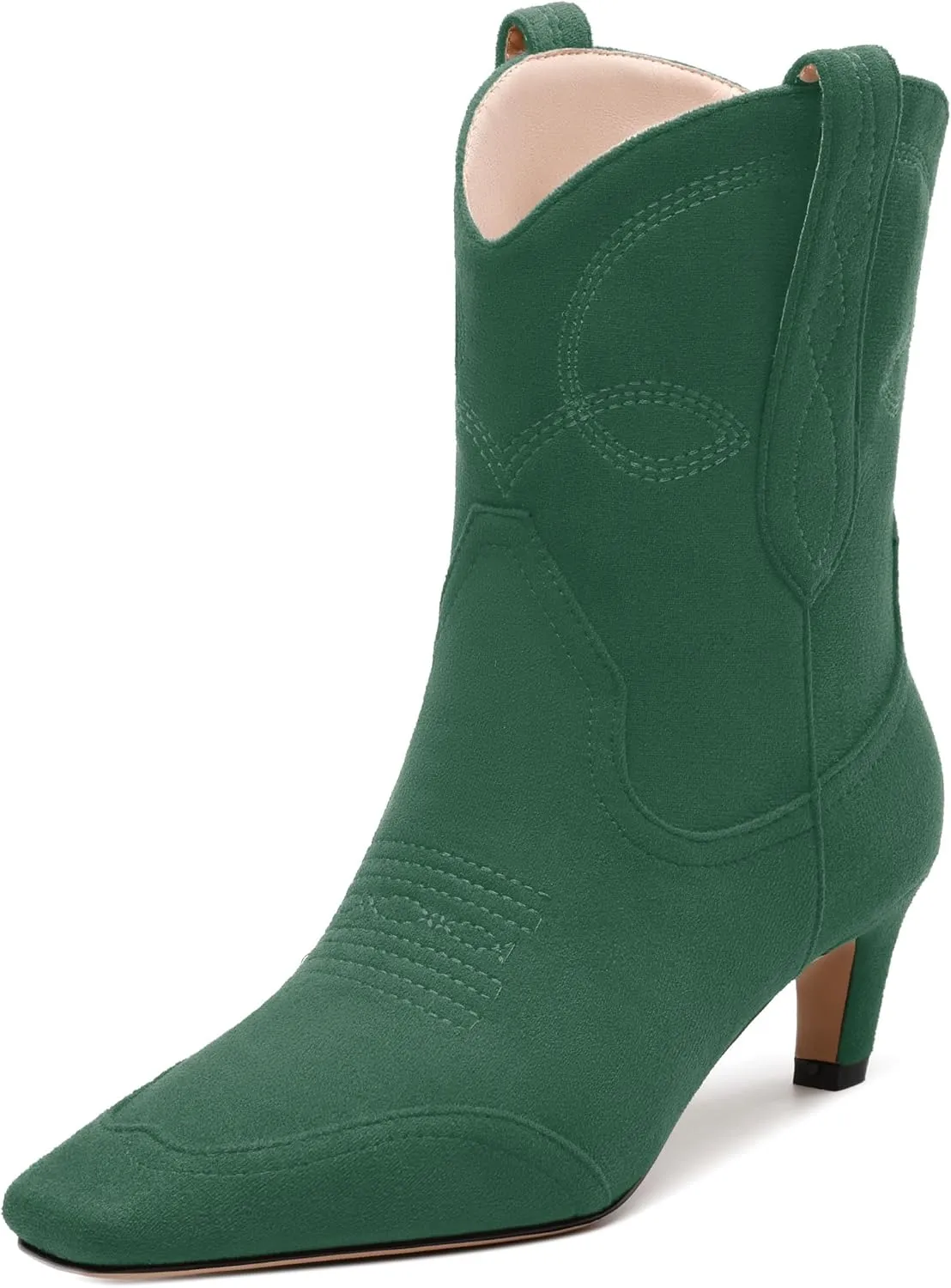 WAYDERNS Women's Cowboy Ankle Boots Western Low Kitten Heel Square Toe 2 Inch Short Booties Comfortable Casual Prom Party Pull on Fall Winter Shoes