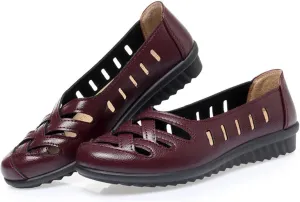 WENOREG Women's Leather Hollow Slip on Soft Flats,Summer Round Toe Comfortable Breathable Lazy Non Slip Walking Loafers Non-Slip Work Shoes