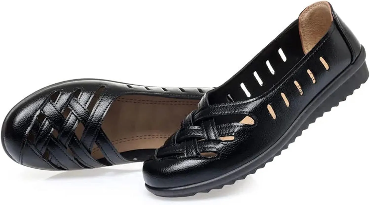 WENOREG Women's Leather Hollow Slip on Soft Flats,Summer Round Toe Comfortable Breathable Lazy Non Slip Walking Loafers Non-Slip Work Shoes
