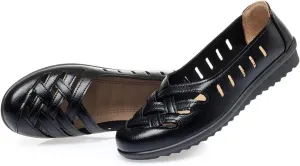 WENOREG Women's Leather Hollow Slip on Soft Flats,Summer Round Toe Comfortable Breathable Lazy Non Slip Walking Loafers Non-Slip Work Shoes