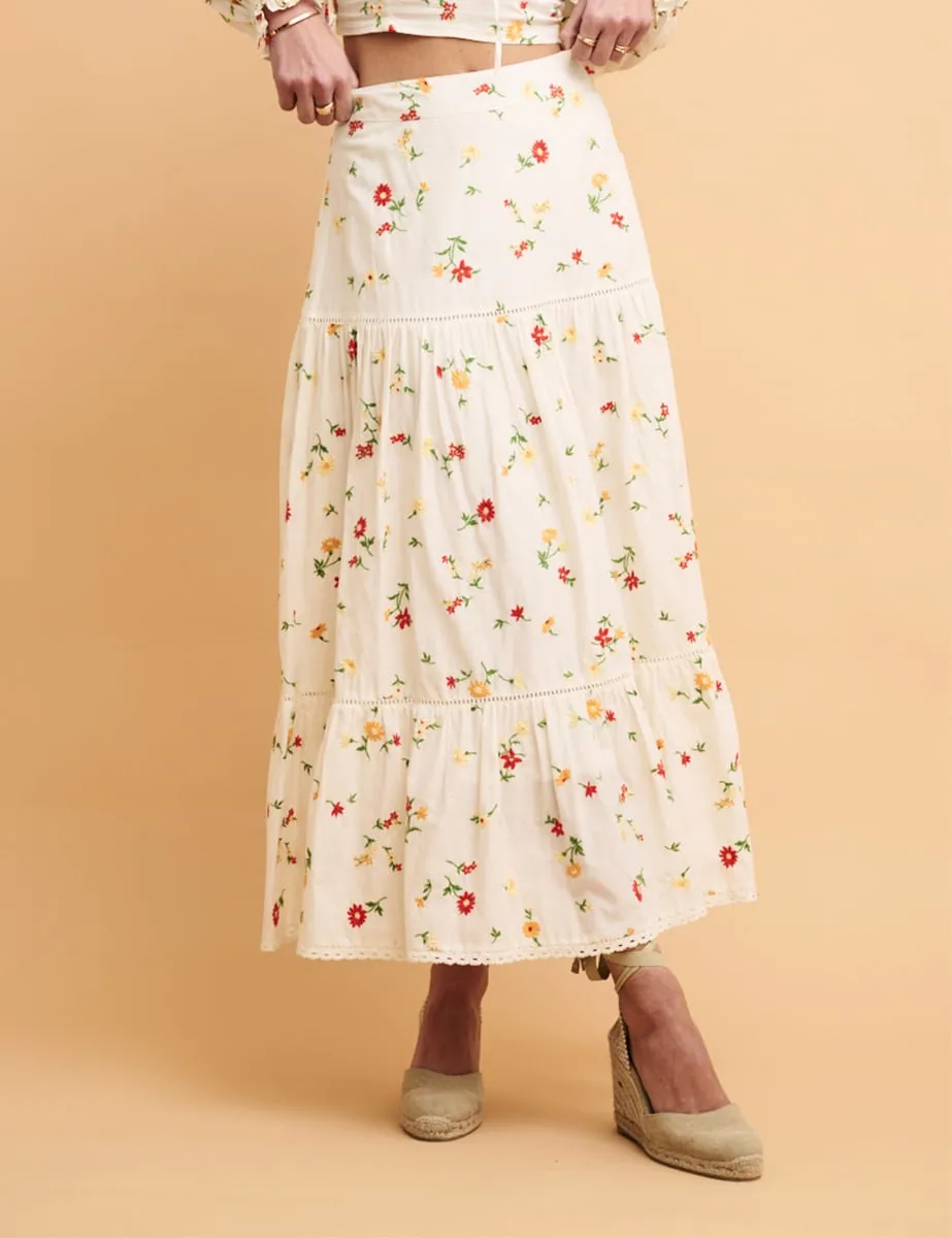 White Embroidered Summer Midi Skirt