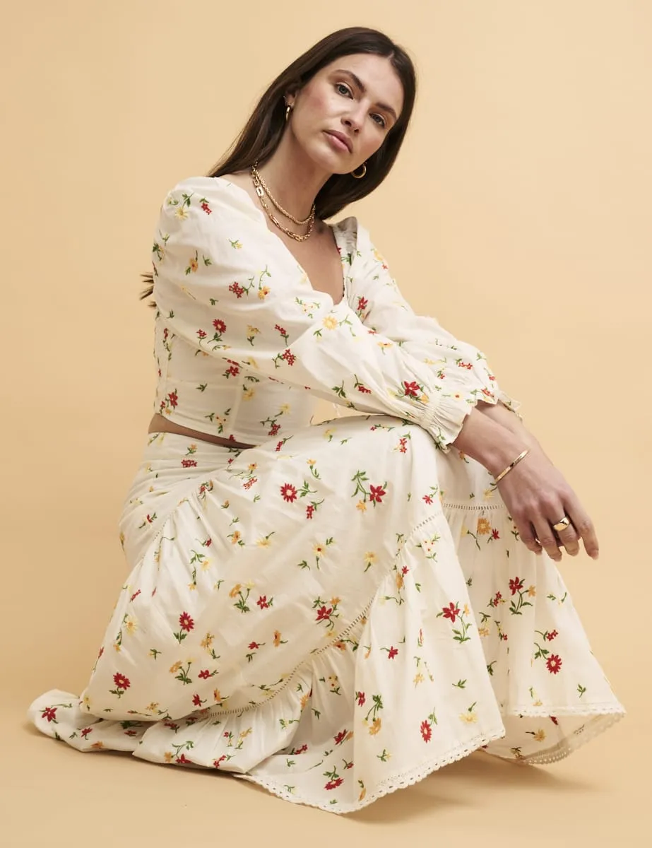 White Embroidered Summer Midi Skirt