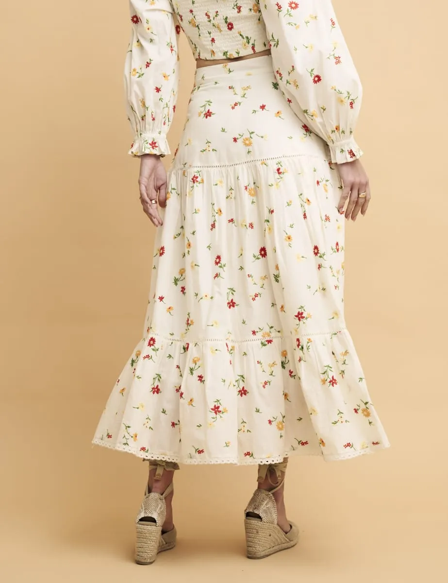 White Embroidered Summer Midi Skirt