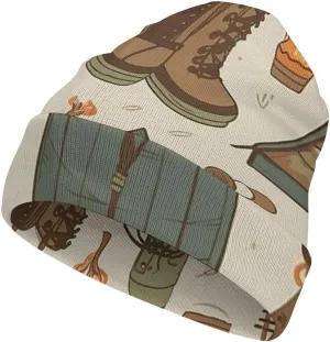 Wide Brim Beanie Hat, Sleeping Bag Boots Campfire Pattern Printed Beanie Hat,Women Soft Stretch Ski Hat,Universal Knitted Hat