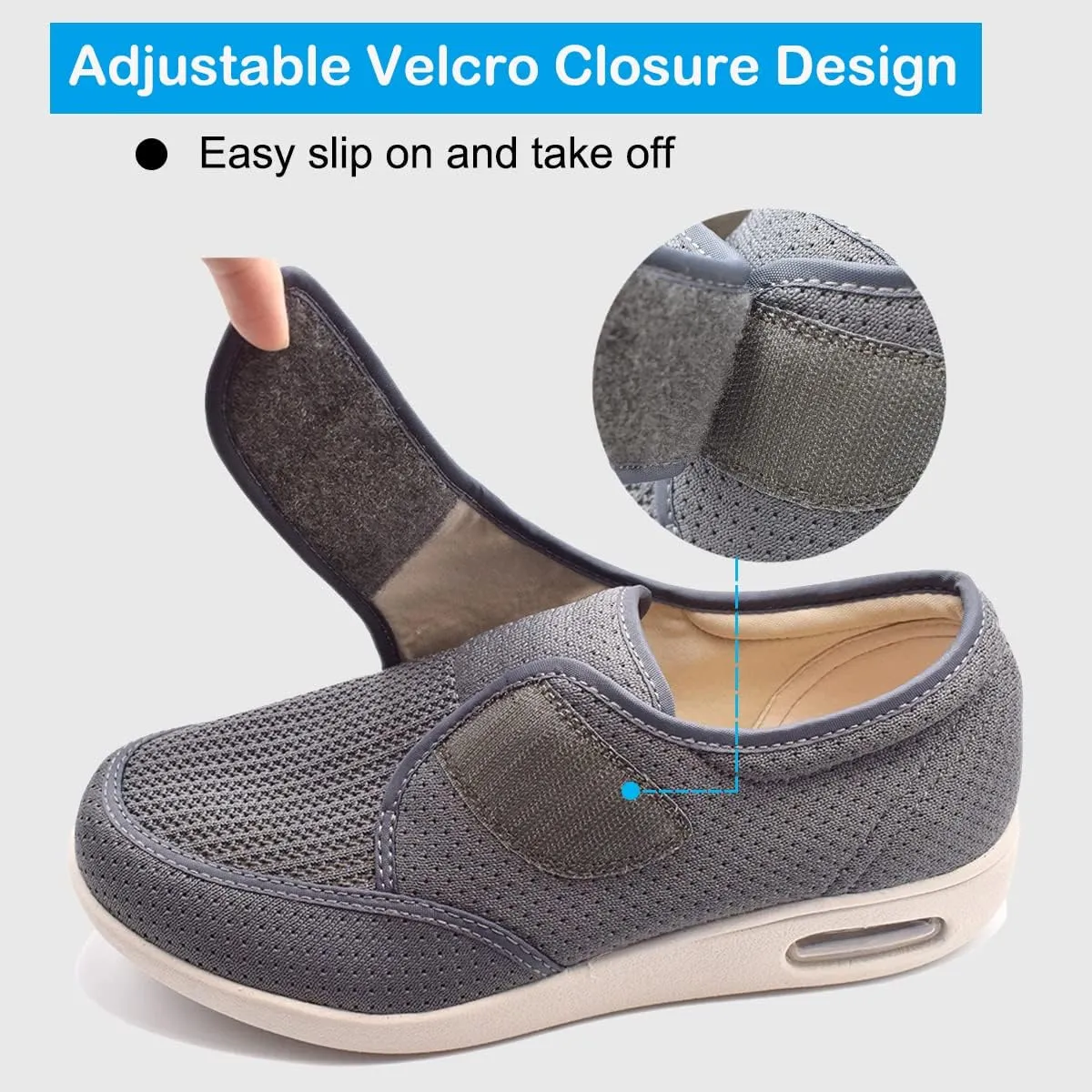 Wide Shoes with Adjustable Strap, Diabetic Shoes for Swollen Feet Easy Put On/Off Shoes for Seniors