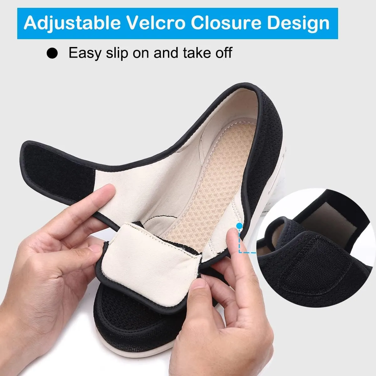 Wide Shoes with Adjustable Strap, Diabetic Shoes for Swollen Feet Easy Put On/Off Shoes for Seniors