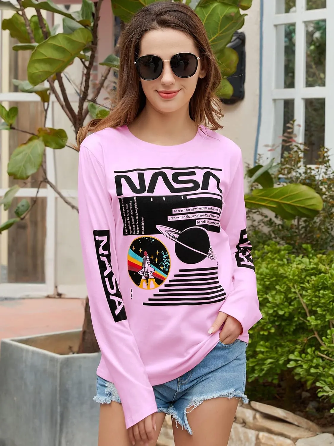 WLLW Women Long Sleeve Graphic Shirts NASA Letter Print Crew Neck Tee Tops Blouse Sweatshirts