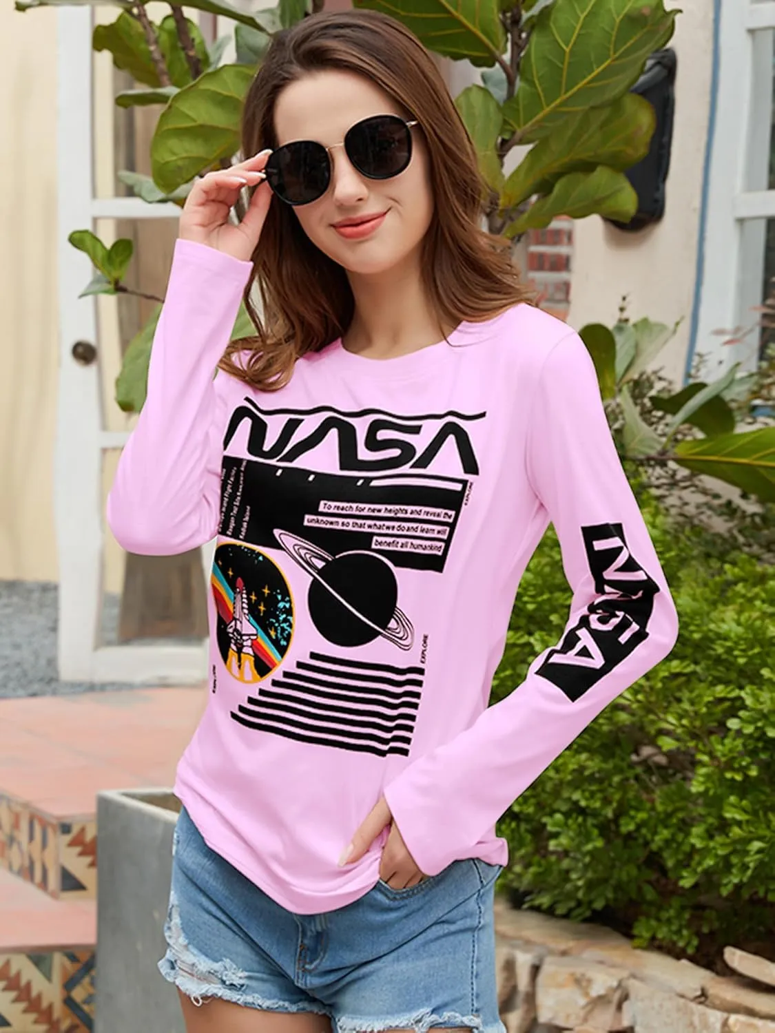 WLLW Women Long Sleeve Graphic Shirts NASA Letter Print Crew Neck Tee Tops Blouse Sweatshirts