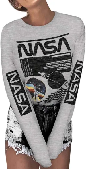WLLW Women Long Sleeve Graphic Shirts NASA Letter Print Crew Neck Tee Tops Blouse Sweatshirts