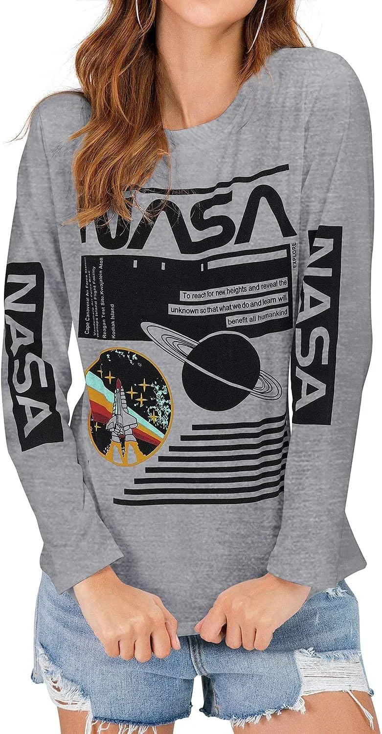 WLLW Women Long Sleeve Graphic Shirts NASA Letter Print Crew Neck Tee Tops Blouse Sweatshirts