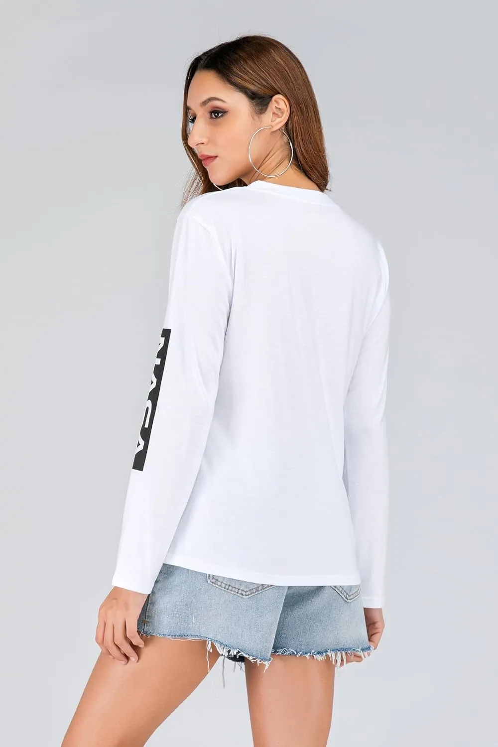 WLLW Women Long Sleeve Graphic Shirts NASA Letter Print Crew Neck Tee Tops Blouse Sweatshirts