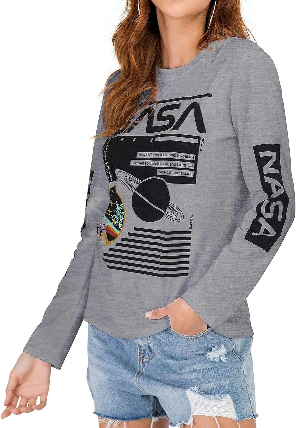 WLLW Women Long Sleeve Graphic Shirts NASA Letter Print Crew Neck Tee Tops Blouse Sweatshirts