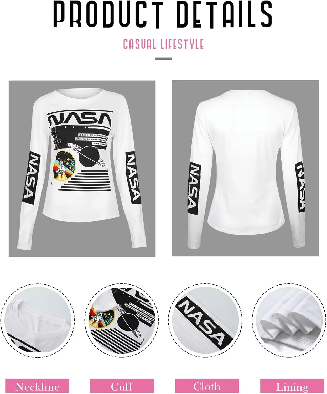 WLLW Women Long Sleeve Graphic Shirts NASA Letter Print Crew Neck Tee Tops Blouse Sweatshirts
