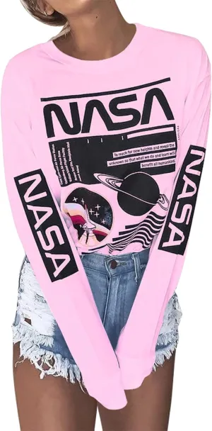 WLLW Women Long Sleeve Graphic Shirts NASA Letter Print Crew Neck Tee Tops Blouse Sweatshirts