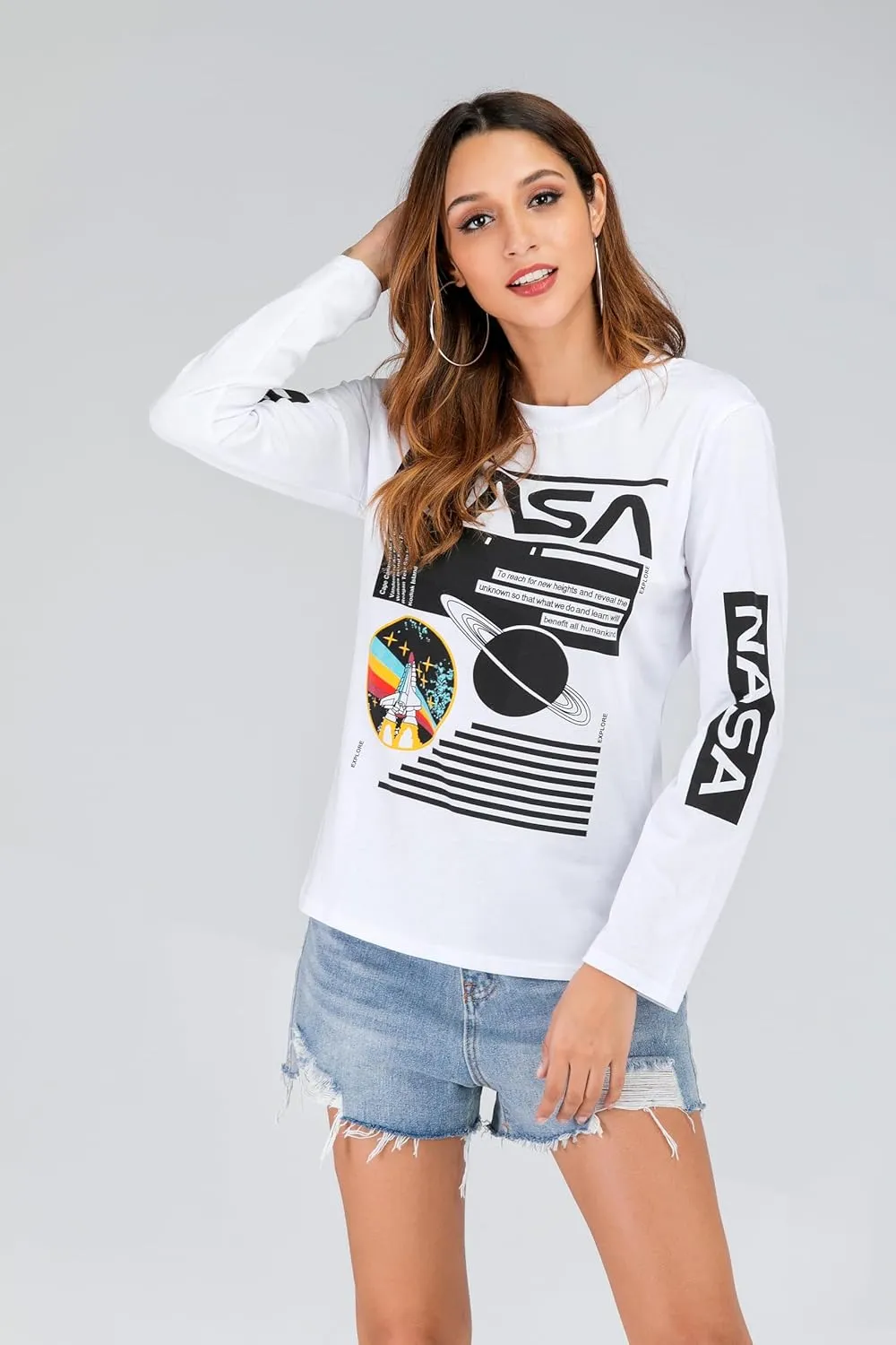WLLW Women Long Sleeve Graphic Shirts NASA Letter Print Crew Neck Tee Tops Blouse Sweatshirts