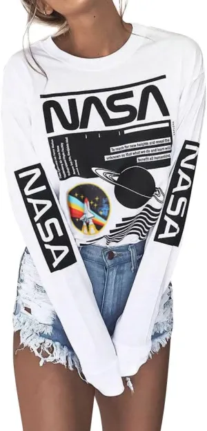 WLLW Women Long Sleeve Graphic Shirts NASA Letter Print Crew Neck Tee Tops Blouse Sweatshirts