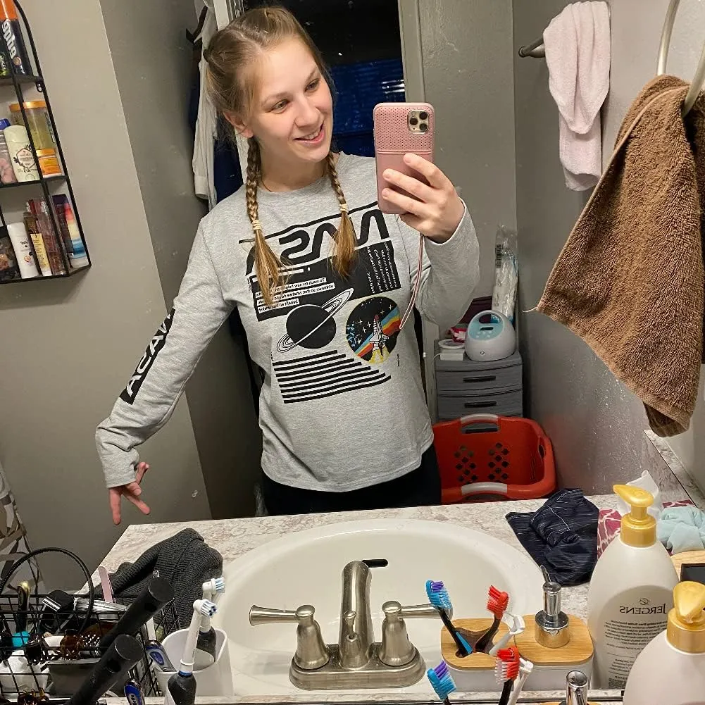 WLLW Women Long Sleeve Graphic Shirts NASA Letter Print Crew Neck Tee Tops Blouse Sweatshirts
