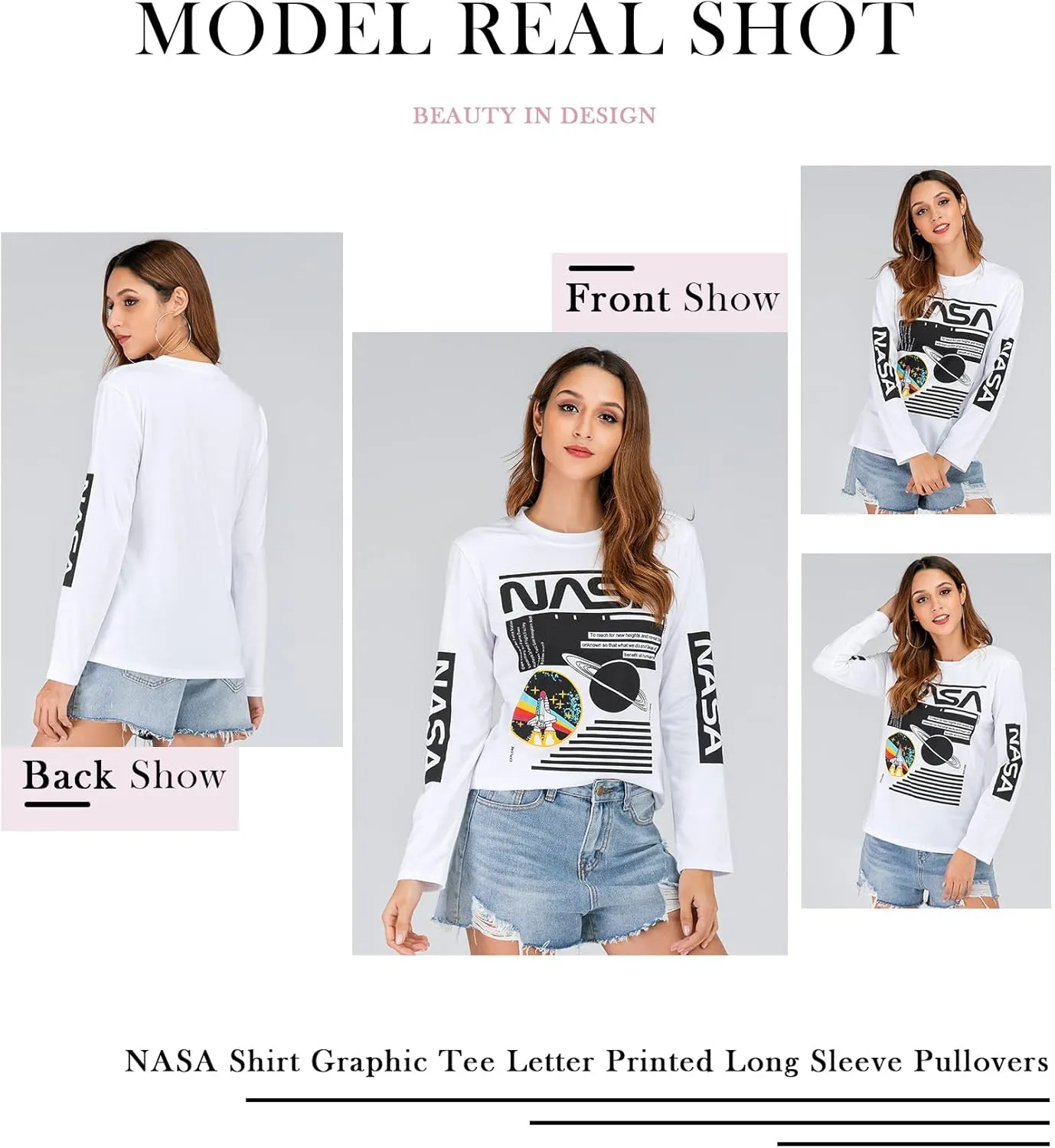 WLLW Women Long Sleeve Graphic Shirts NASA Letter Print Crew Neck Tee Tops Blouse Sweatshirts
