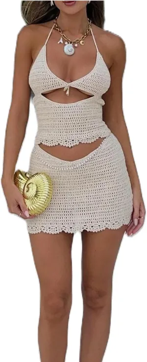 Women Crochet Knit Halter Dress Sexy Backless Cut Out Bodycon Mini Dress Y2k Summer Hollow Vacation Beach Cover Up