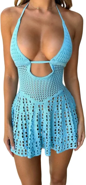 Women Crochet Knit Halter Dress Sexy Backless Cut Out Bodycon Mini Dress Y2k Summer Hollow Vacation Beach Cover Up