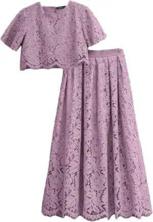 Women Openwork Lace Skirt Sets Women Casual Short Sleeve Crop Tops A-Line Long Skirts 2Pcs Outfits