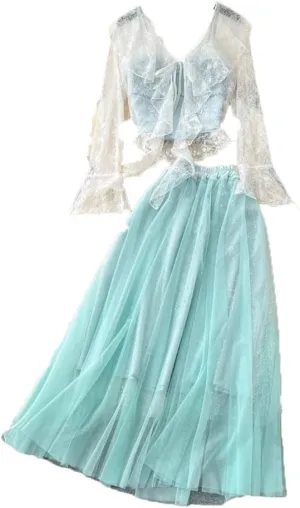 Women Ruffles Thin Lace Suit Shawl Hollow Out Sling Tanks Mesh Mid-Length Skirt Set