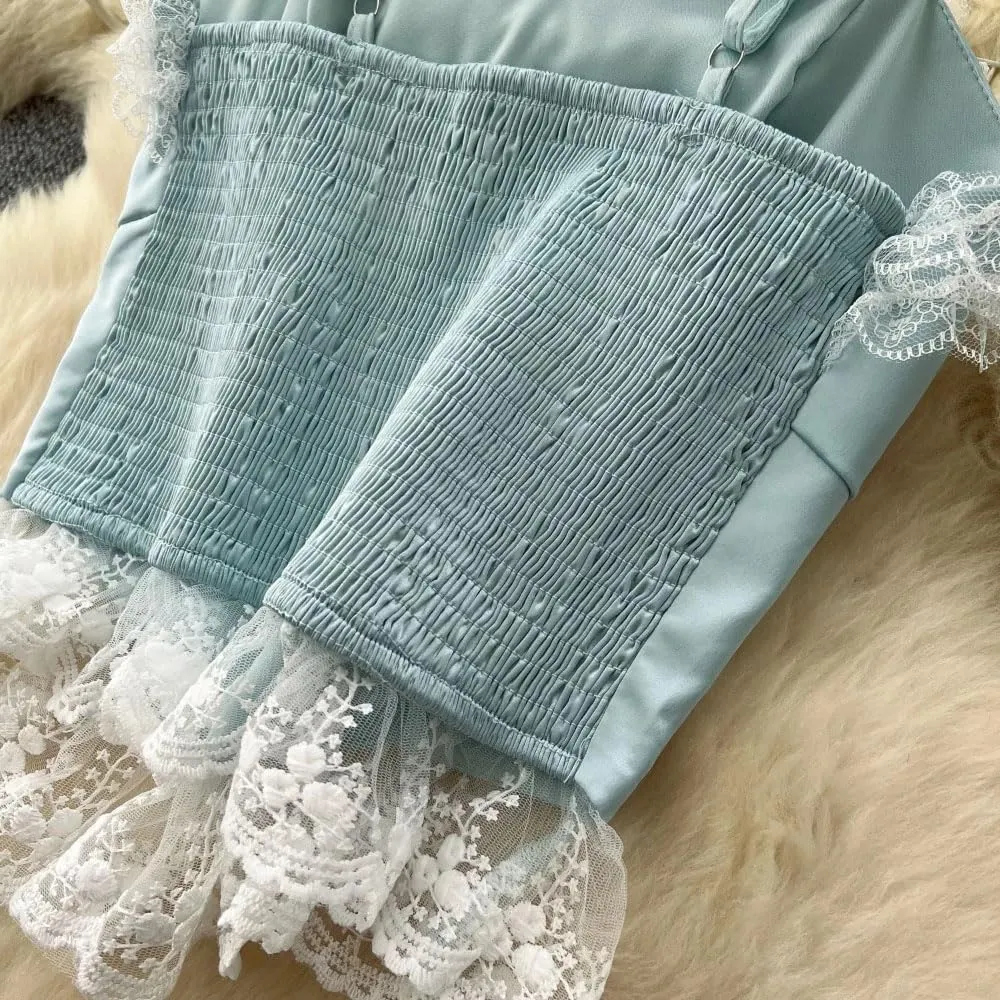 Women Ruffles Thin Lace Suit Shawl Hollow Out Sling Tanks Mesh Mid-Length Skirt Set