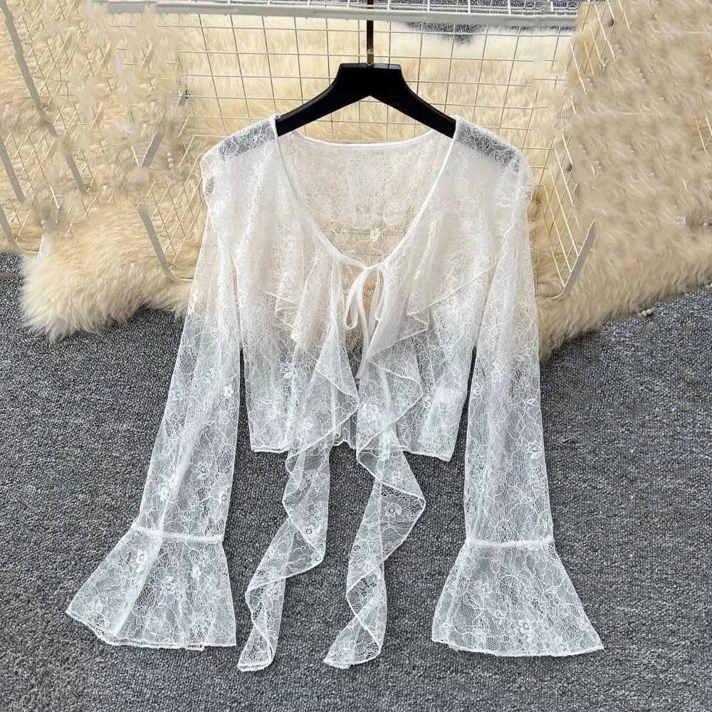 Women Ruffles Thin Lace Suit Shawl Hollow Out Sling Tanks Mesh Mid-Length Skirt Set