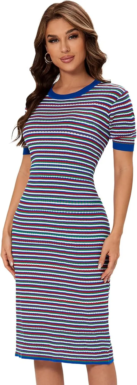 Women Short Sleeve Striped Midi Dress, Crew Neck Pattern Ribbed Casual Bodycon Knit Dress Knee Length