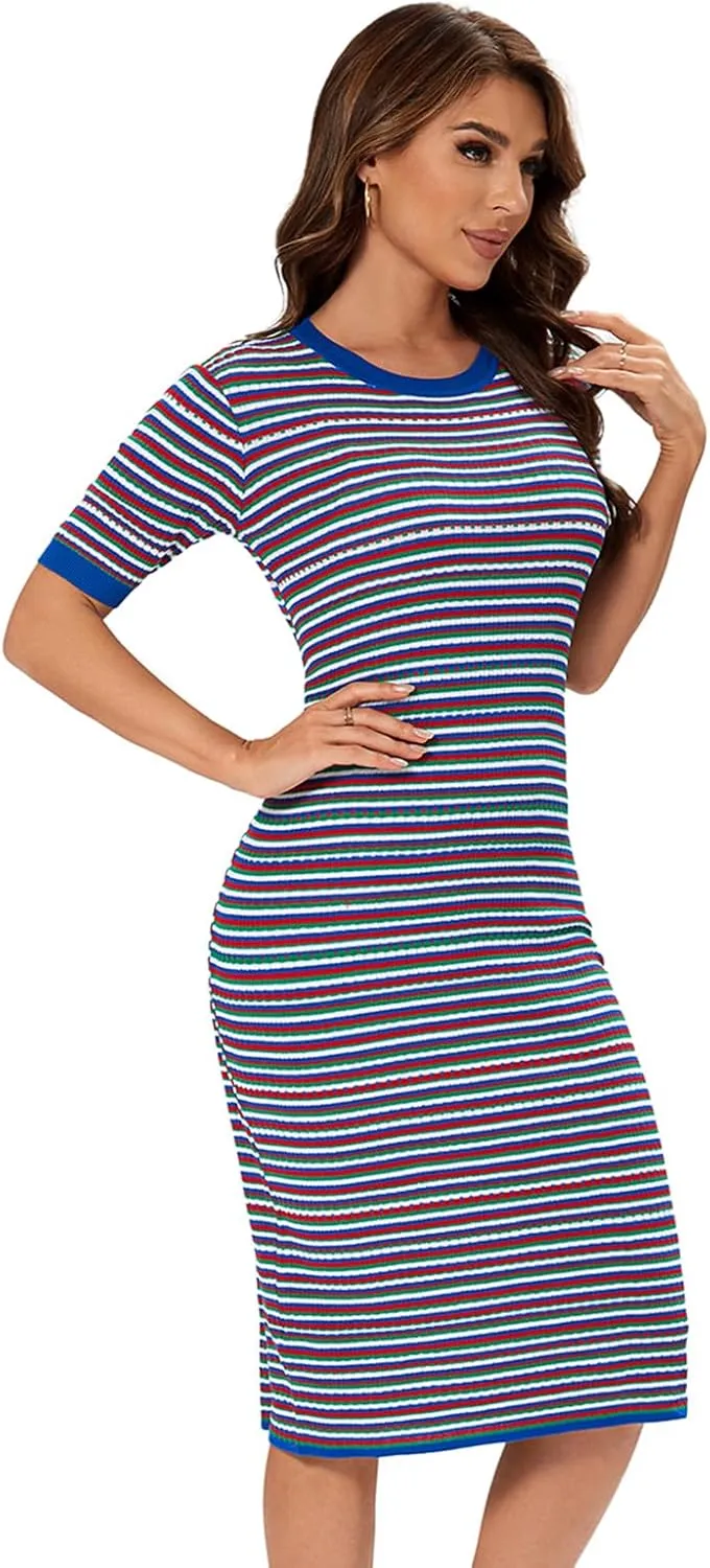 Women Short Sleeve Striped Midi Dress, Crew Neck Pattern Ribbed Casual Bodycon Knit Dress Knee Length
