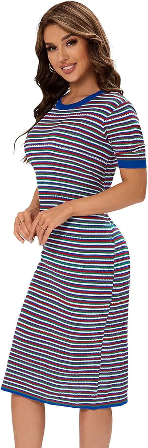 Women Short Sleeve Striped Midi Dress, Crew Neck Pattern Ribbed Casual Bodycon Knit Dress Knee Length