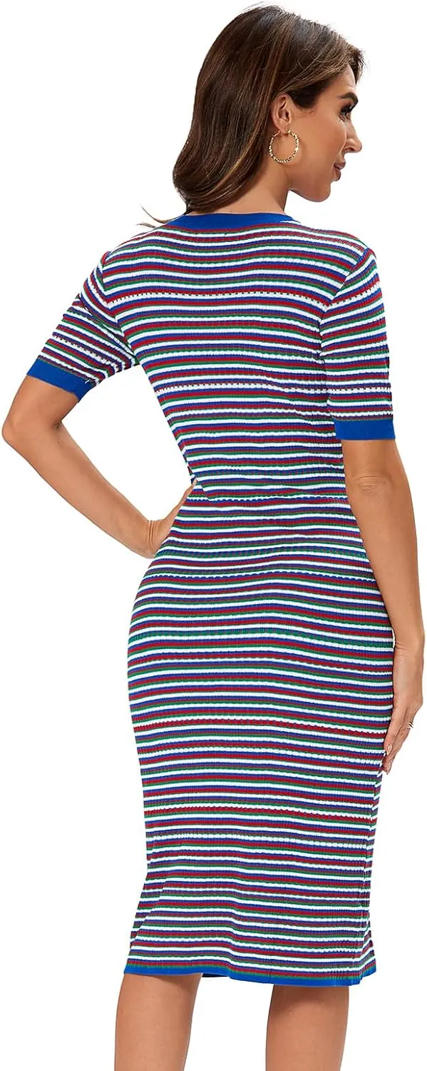 Women Short Sleeve Striped Midi Dress, Crew Neck Pattern Ribbed Casual Bodycon Knit Dress Knee Length
