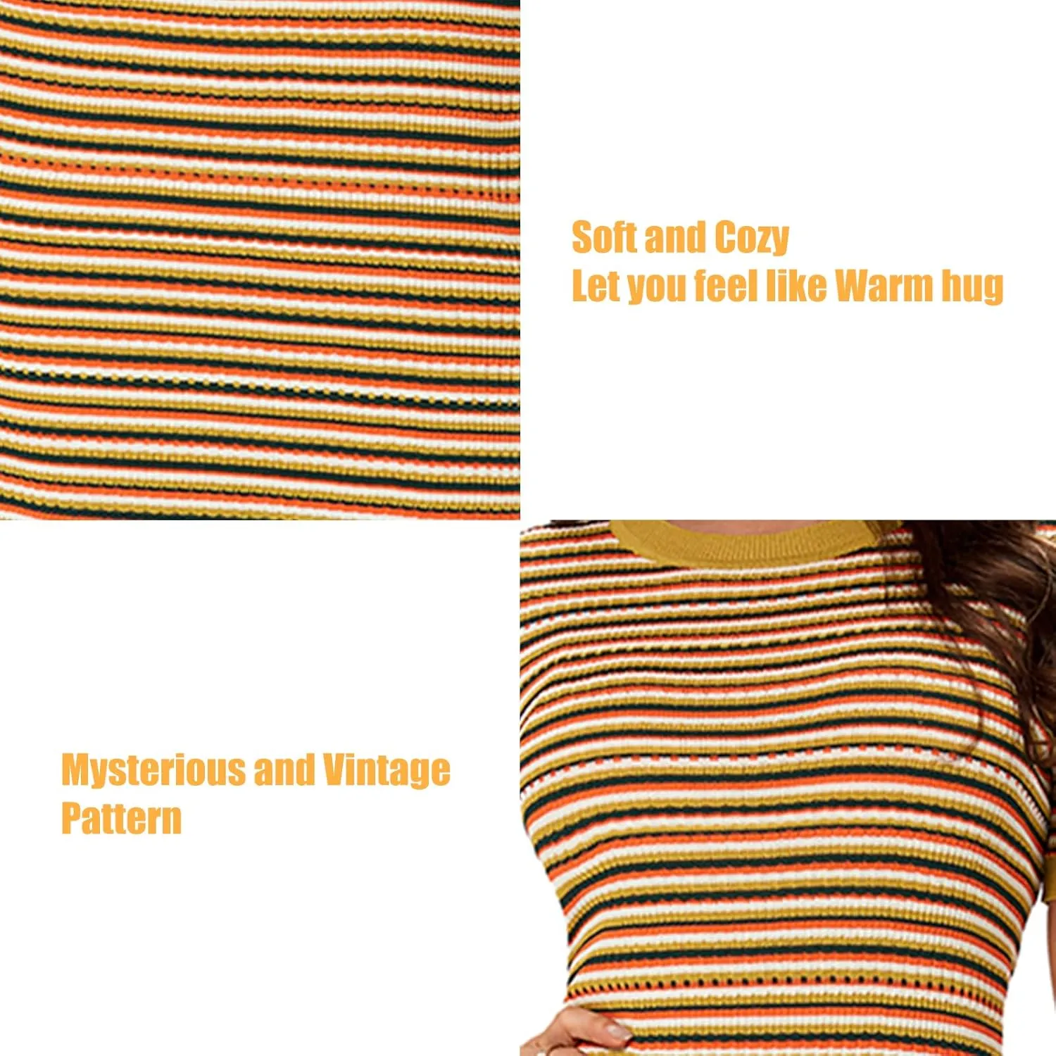 Women Short Sleeve Striped Midi Dress, Crew Neck Pattern Ribbed Casual Bodycon Knit Dress Knee Length