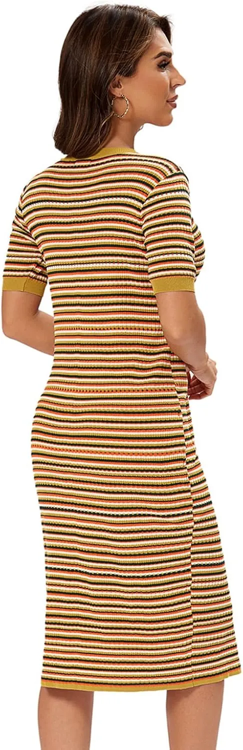 Women Short Sleeve Striped Midi Dress, Crew Neck Pattern Ribbed Casual Bodycon Knit Dress Knee Length