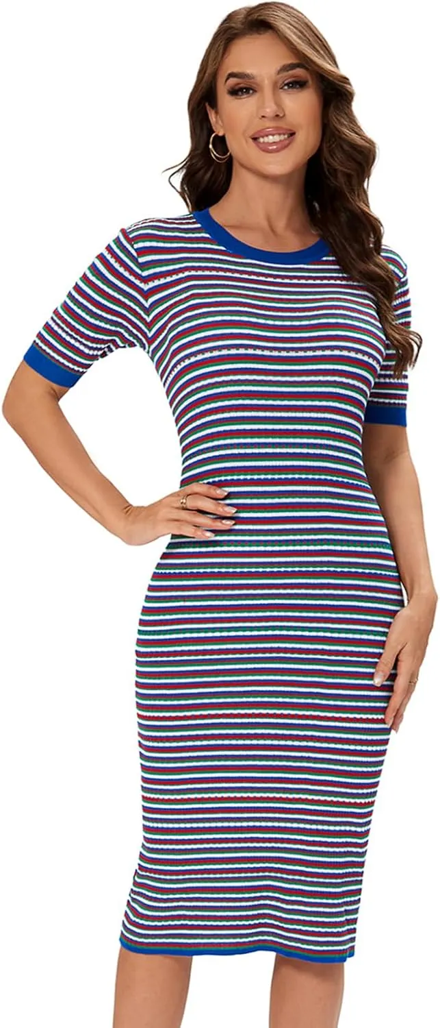 Women Short Sleeve Striped Midi Dress, Crew Neck Pattern Ribbed Casual Bodycon Knit Dress Knee Length
