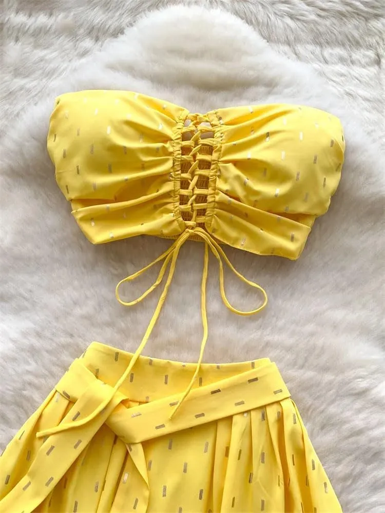 Women Sleeveless Strapless Mini Camisole Lace Up Shinny Skirt Hollow Out Sets