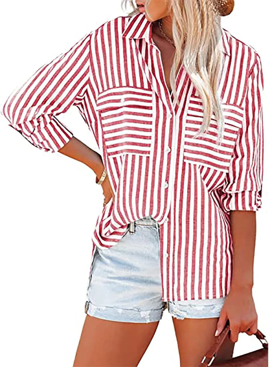 Women Striped Button Down Shirts Long Sleeve Dressy Casual Business Casual Work Tops Collared Front Pocket Blouses