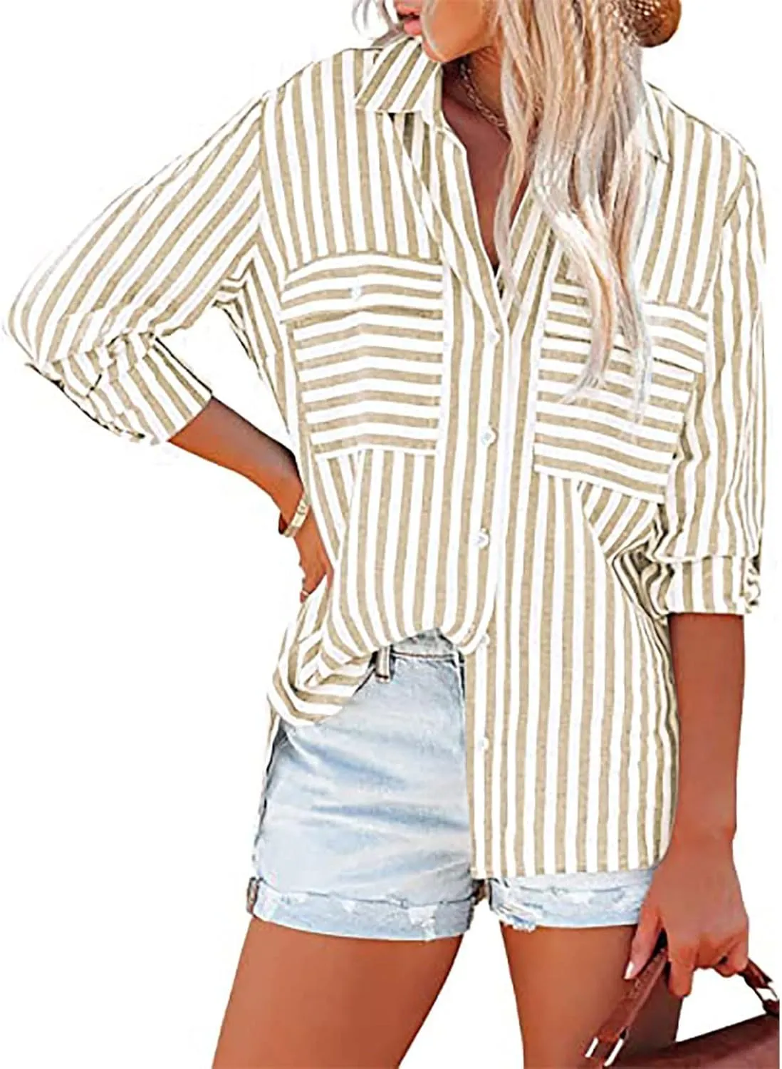 Women Striped Button Down Shirts Long Sleeve Dressy Casual Business Casual Work Tops Collared Front Pocket Blouses