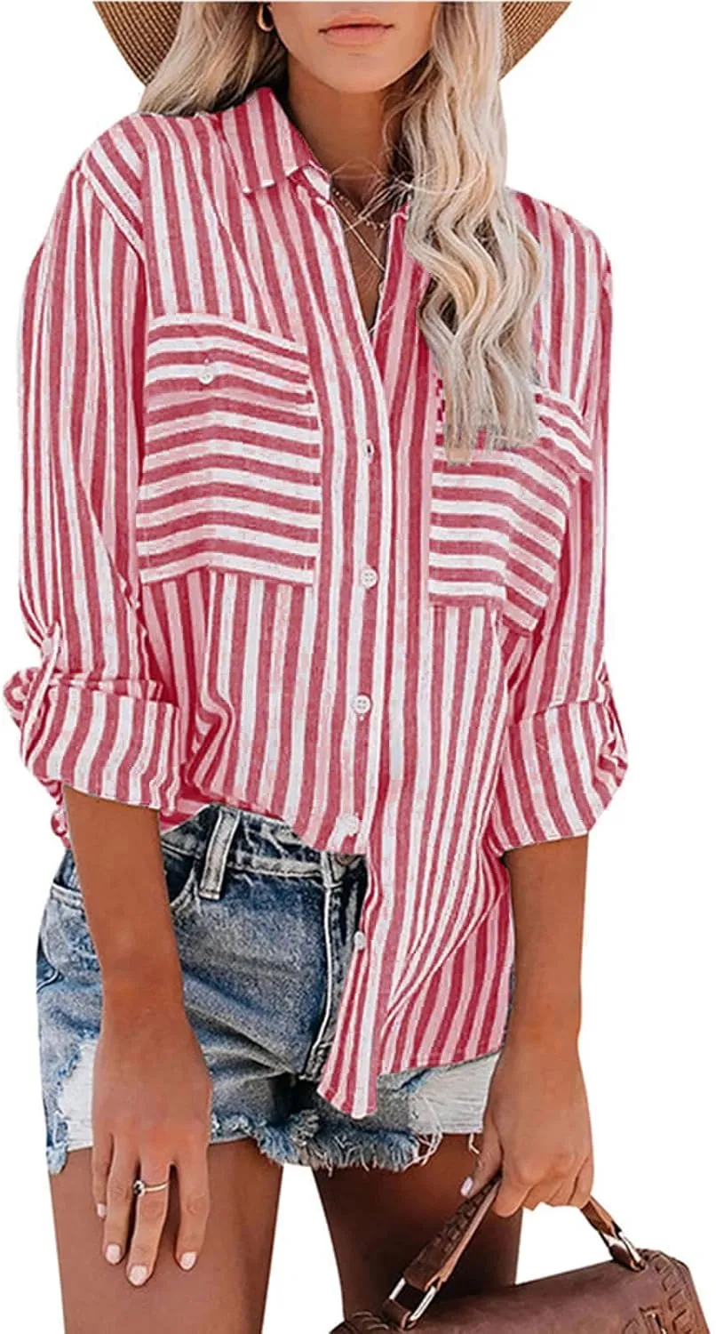 Women Striped Button Down Shirts Long Sleeve Dressy Casual Business Casual Work Tops Collared Front Pocket Blouses
