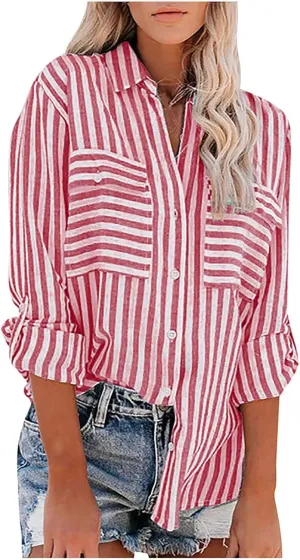 Women Striped Button Down Shirts Long Sleeve Dressy Casual Business Casual Work Tops Collared Front Pocket Blouses