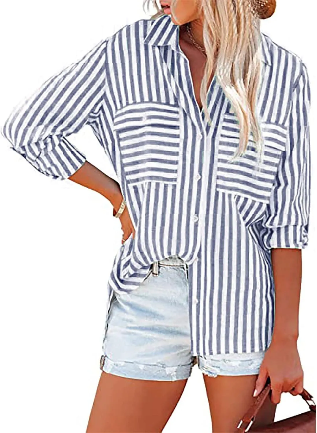 Women Striped Button Down Shirts Long Sleeve Dressy Casual Business Casual Work Tops Collared Front Pocket Blouses