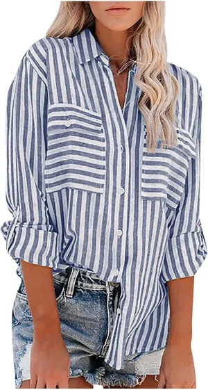 Women Striped Button Down Shirts Long Sleeve Dressy Casual Business Casual Work Tops Collared Front Pocket Blouses